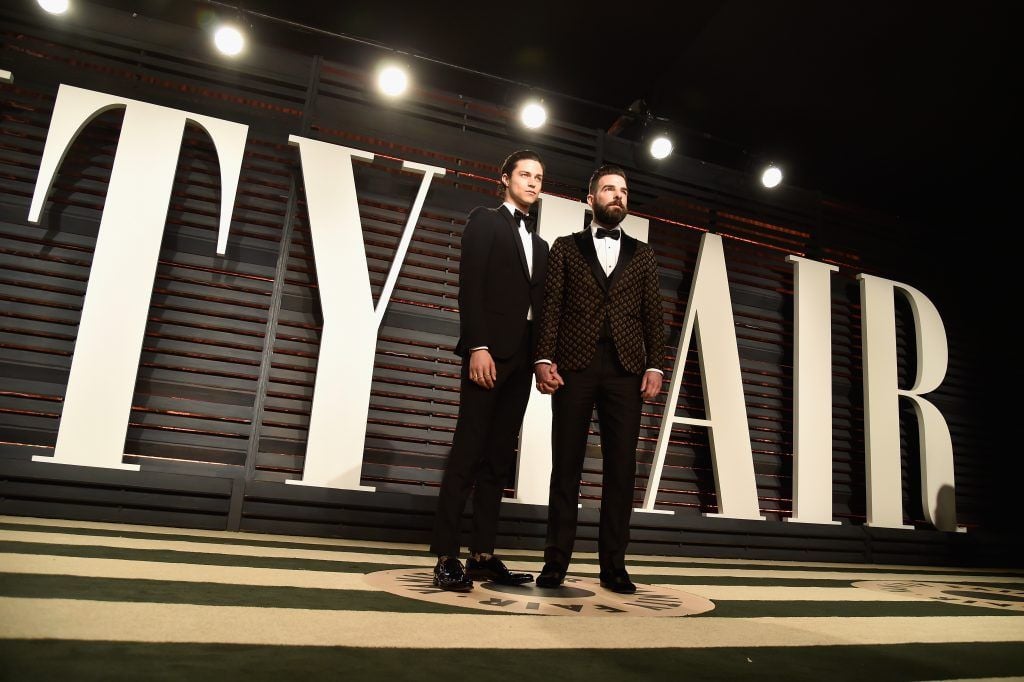 BEVERLY HILLS, CA - FEBRUARY 26:  Model-artist Miles McMillan (L) and actor Zachary Quinto attend the 2017 Vanity Fair Oscar Party hosted by Graydon Carter at Wallis Annenberg Center for the Performing Arts on February 26, 2017 in Beverly Hills, California.  (Photo by Pascal Le Segretain/Getty Images)