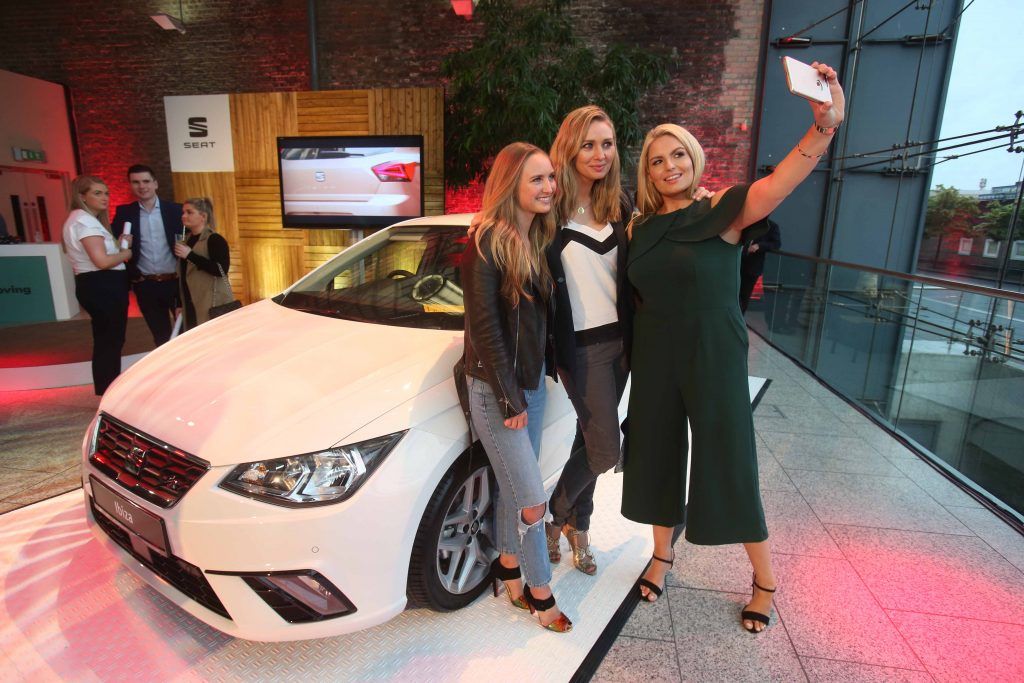 Pictured are Anna Daly, Indy Power and Louise O Reilly taking a selfie at the exclusive launch of the all-new SEAT Ibiza, which took place Thursday, June 29th at The CHQ Building, Custom House Quay. Photo: Leon Farrell/Photocall Ireland.