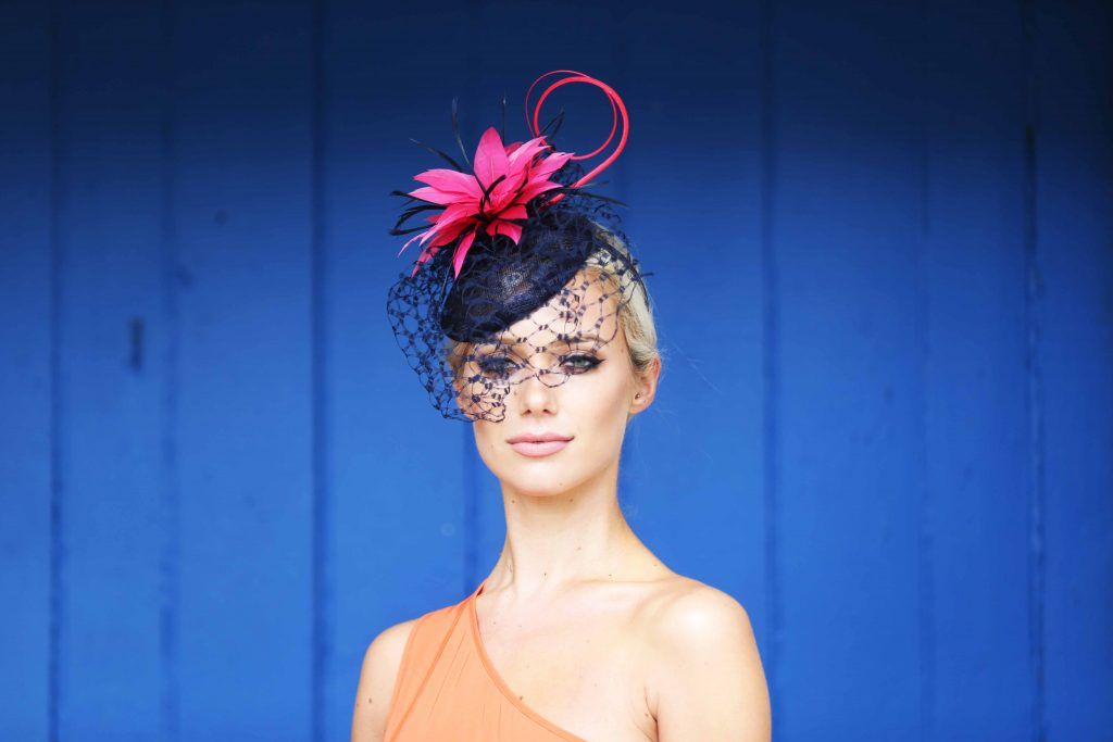 Pictured is model Gracie as top Irish stylist, Courtney Smith, is announced as a judge for the Dundrum Town Centre Ladies Day at the Dublin Horse Show in the RDS 10th August. Photograph: Leon Farrell / Photocall.