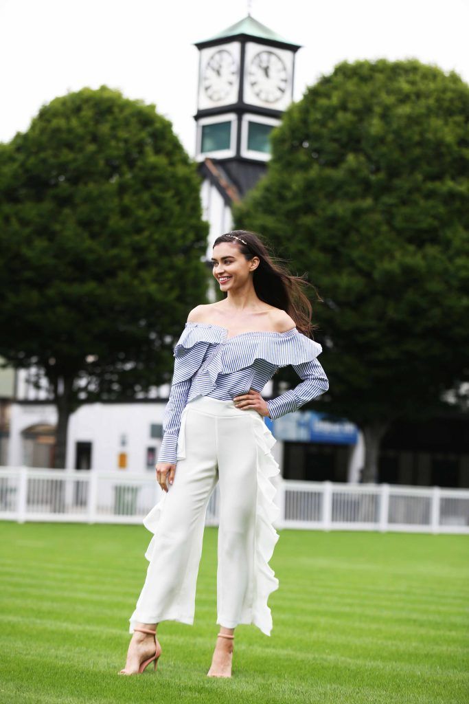Pictured is model Sarah as top Irish stylist, Courtney Smith, is announced as a judge for the Dundrum Town Centre Ladies Day at the Dublin Horse Show in the RDS 10th August. Photograph: Leon Farrell / Photocall.