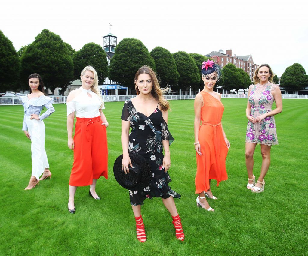 Pictured is model Sarah, Lorna Weightman, Courtney Smith, model Gracie and Cassie Stokes as top Irish stylist, Courtney Smith, is announced as a judge for the Dundrum Town Centre Ladies Day at the Dublin Horse Show in the RDS 10th August. Photograph: Leon Farrell / Photocall.