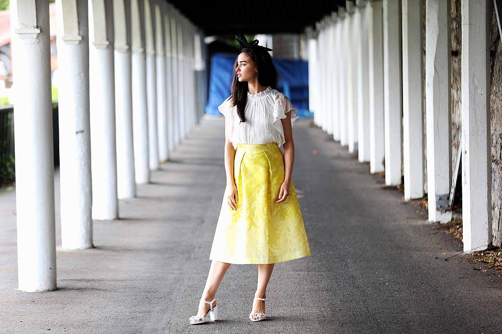 Pictured is model Sarah as top Irish stylist, Courtney Smith, is announced as a judge for the Dundrum Town Centre Ladies Day at the Dublin Horse Show in the RDS 10th August. Photograph: Leon Farrell / Photocall.