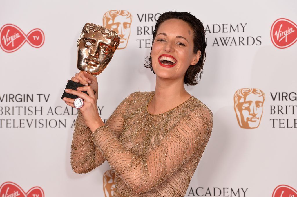 Phoebe Waller-Bridge poses with the award for Female Performance in a Comedy Programme in the Winner's room at the Virgin TV BAFTA Television Awards at The Royal Festival Hall on May 14, 2017 in London, England.  (Photo by Jeff Spicer/Getty Images)