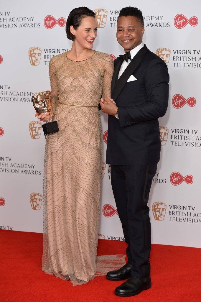 Phoebe Waller-Bridge and Cuba Gooding Jr. pose with the award for Female Performance in a Comedy Programme in the Winner's room at the Virgin TV BAFTA Television Awards at The Royal Festival Hall on May 14, 2017 in London, England.  (Photo by Jeff Spicer/Getty Images)