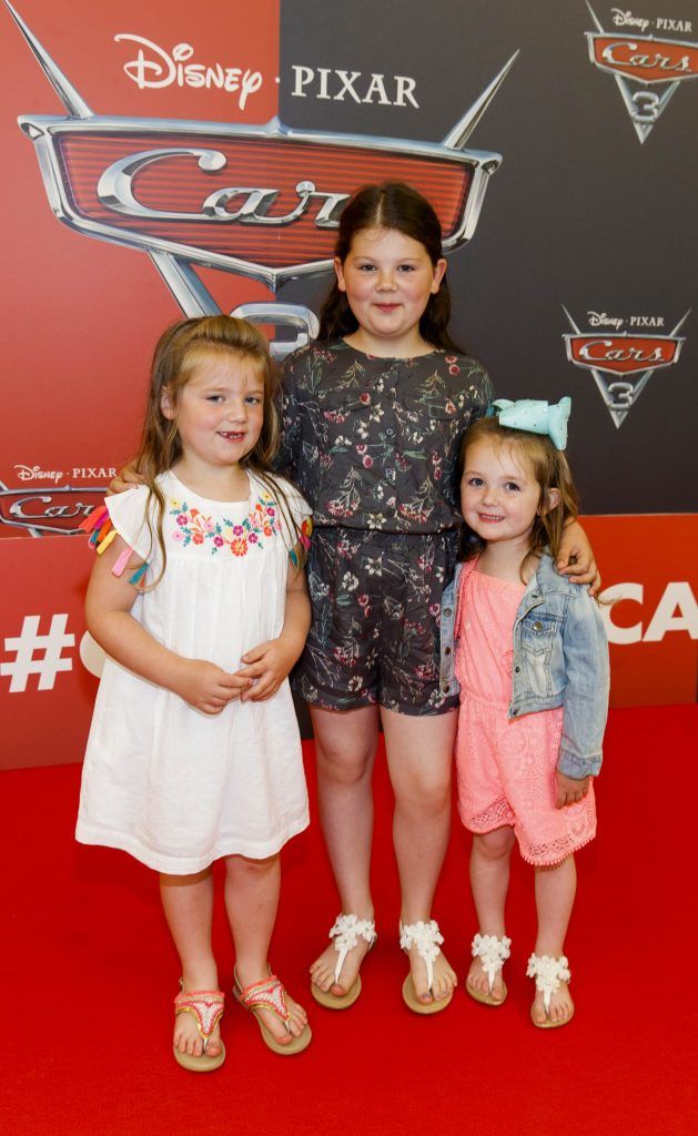 Katie (5), Taylor (9) and Sophie Deering (4) from Baldoyle pictured at the Irish premiere of Disney Pixar's Cars 3 in the Odeon Cinema Point Square, 9th July 2017. Picture by Andres Poveda