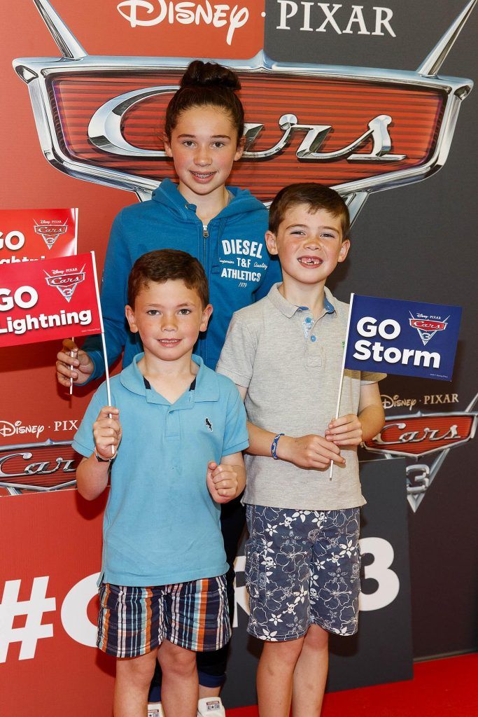Fionnan (6), Aoibheann (12) Taghd Dalton (8) from Portlaoise pictured at the Irish premiere of Disney Pixar's Cars 3 in the Odeon Cinema Point Square, 9th July 2017. Picture by Andres Poveda