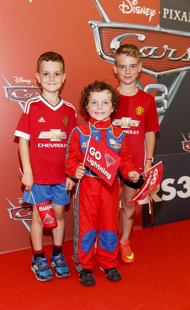 Hugh (7), Andrew (4), Ciaran Gorman (12) from Kildare pictured at the Irish premiere of Disney Pixar's Cars 3 in the Odeon Cinema Point Square, 9th July 2017. Picture by Andres Poveda