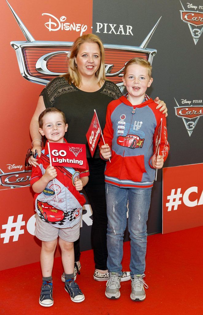 Sue Jordan with Cillian (5) and Seamus Stone (9) pictured at the Irish premiere of Disney Pixar's Cars 3 in the Odeon Cinema Point Square, 9th July 2017. Picture by Andres Poveda