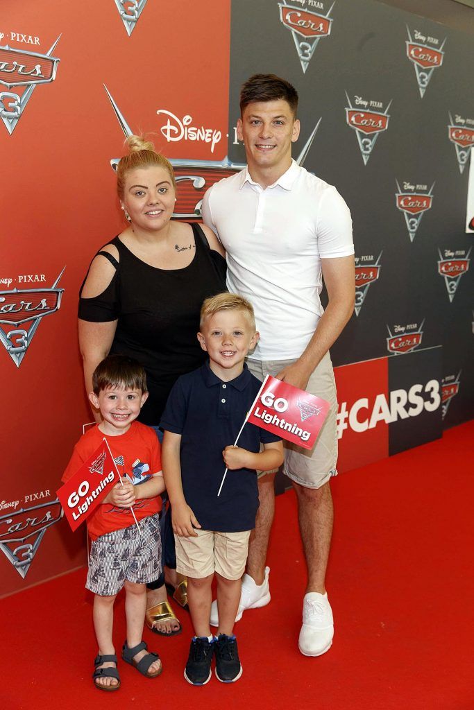 Amy Collins, Dawson Sutcliff (3) Colton Collins (5) and Derek Flood pictured at the Irish premiere of Disney Pixar's Cars 3 in the Odeon Cinema Point Square, 9th July 2017. Picture by Andres Poveda