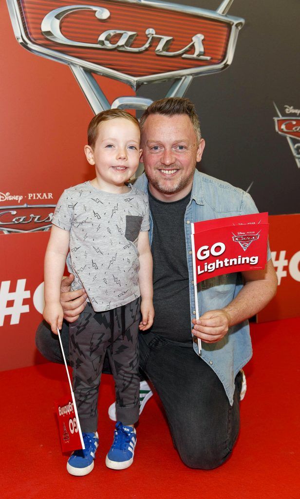 Leon Forberg (5) and Ian Downes pictured at the Irish premiere of Disney Pixar's Cars 3 in the Odeon Cinema Point Square, 9th July 2017. Picture by Andres Poveda