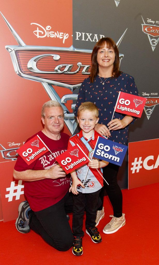 Kevin, Evan (5) and Rhonda Connolly from Finglas pictured at the Irish premiere of Disney Pixar's CARS 3 in the Odeon Cinema Point Square. Picture Andres Poveda