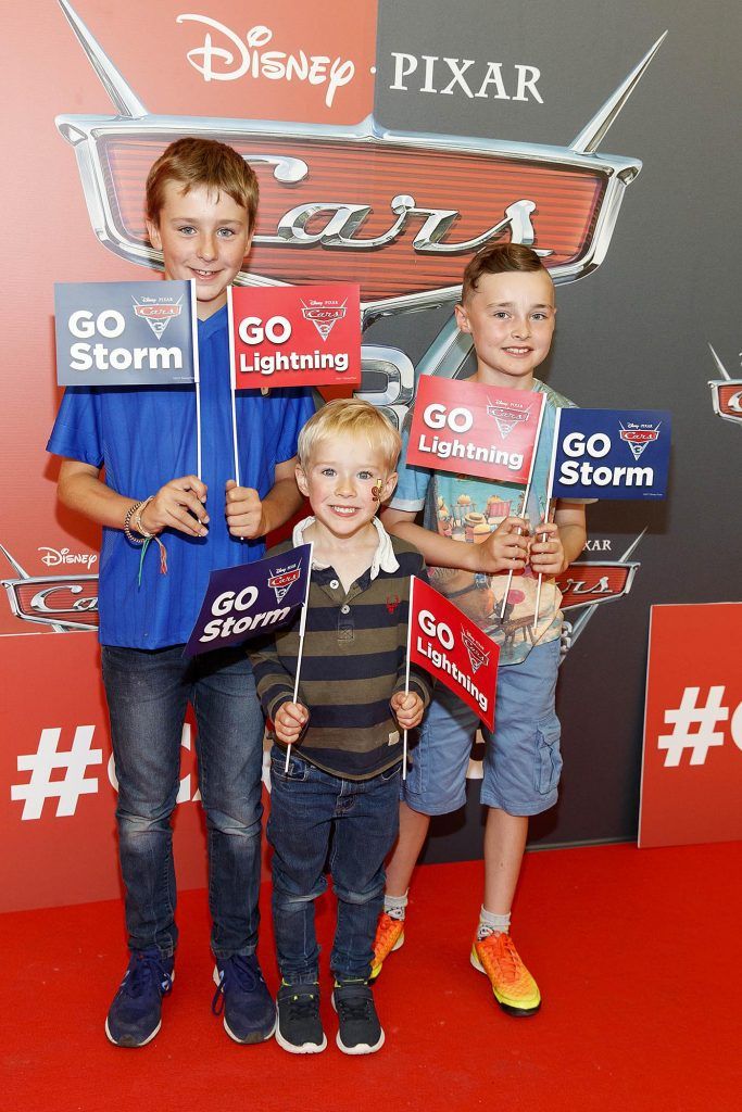 Luke (10) and Hugh Tuthill (4) with Sean Kelly from Rush pictured at the Irish premiere of Disney Pixar's Cars 3 in the Odeon Cinema Point Square, 9th July 2017. Picture by Andres Poveda
