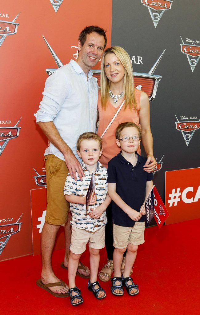 Luke and Fiona Ward with Leo (4) and Taghd (6) from Raheny pictured at the Irish premiere of Disney Pixar's Cars 3 in the Odeon Cinema Point Square, 9th July 2017. Picture by Andres Poveda