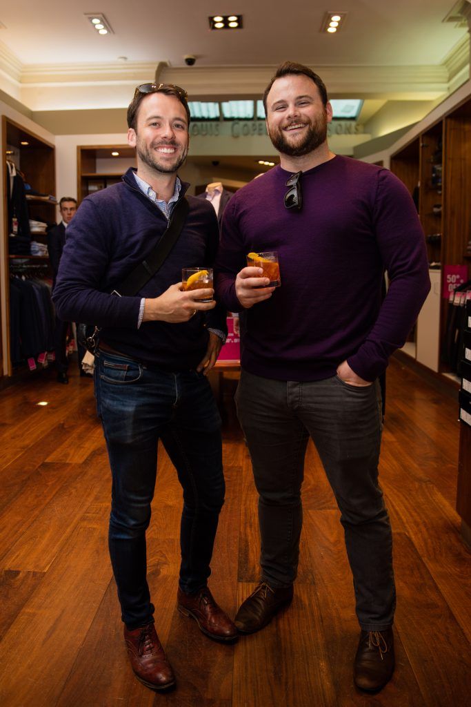 Pictured at the Powers Irish Whiskey Event in Louis Copeland Wicklow Street were Cian Tormey & Alex McFadden. Photo by Dublin Daily Photography