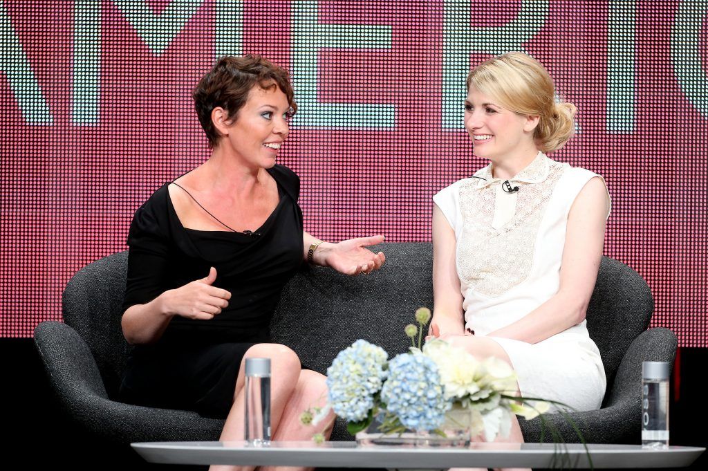 Olivia Colman (L) and Jodie Whittaker speak onstage at the "Broadchurch" panel discussion during the BBC America portion of the 2013 Summer Television Critics Association tour. (Photo by Frederick M. Brown/Getty Images)