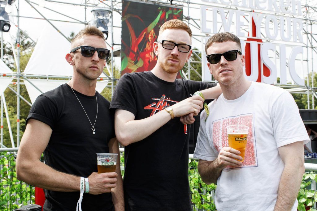 John Ennis, Mango and MathMan pictured at the Heineken 'Live Your Music' area, a new music experience that the crowd can control, at Longitude Festival 2017, Marlay Park. Picture by Andres Poveda