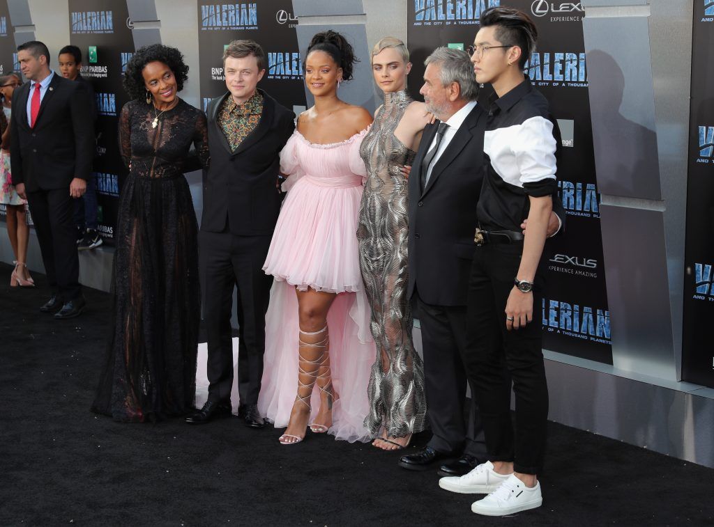 Produer Virginie Besson-Silla,  Dane DeHaan,  Rihanna, Cara Delevingne, director Luc Besson and Kris Wu attend the premiere of EuropaCorp and STX Entertainment's "Valerian and The City of a Thousand Planets" at TCL Chinese Theatre on July 17, 2017 in Hollywood, California.  (Photo by Neilson Barnard/Getty Images)