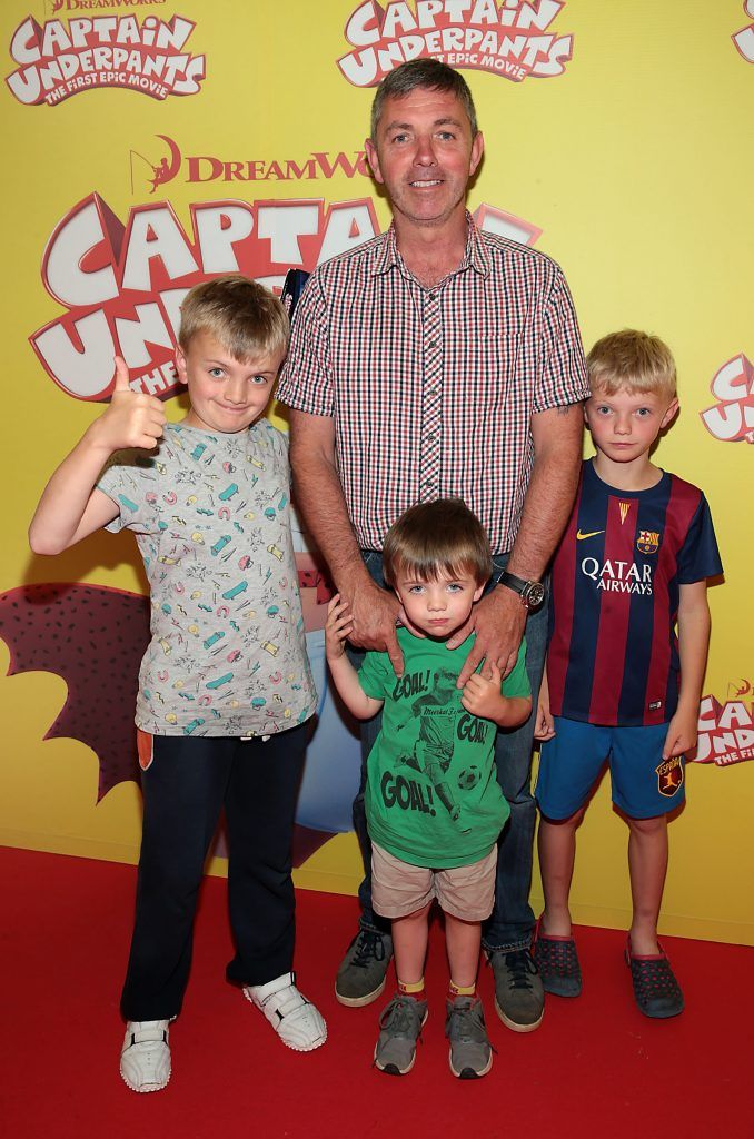 Michael White with Louise White, Michael White (Jnr) and Finlay White at the special family preview screening of Captain Underpants: The First Epic Movie at the Odeon Cinema in Point Village, Dublin. Photo by Brian McEvoy