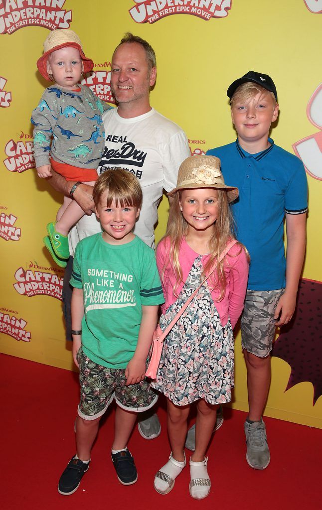 Stephan Murray with Cooper Murray, Zak Murray, Millie Murray and Brody Murray at the special family preview screening of Captain Underpants: The First Epic Movie at the Odeon Cinema in Point Village, Dublin. Photo by Brian McEvoy