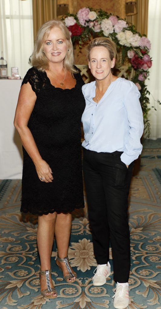 Sallyanne Clarke and Sybil Mulcahy at Johnson Brothers Prestige Christmas in July beauty showcase at the Shelbourne Hotel. Photo by Kieran Harnett