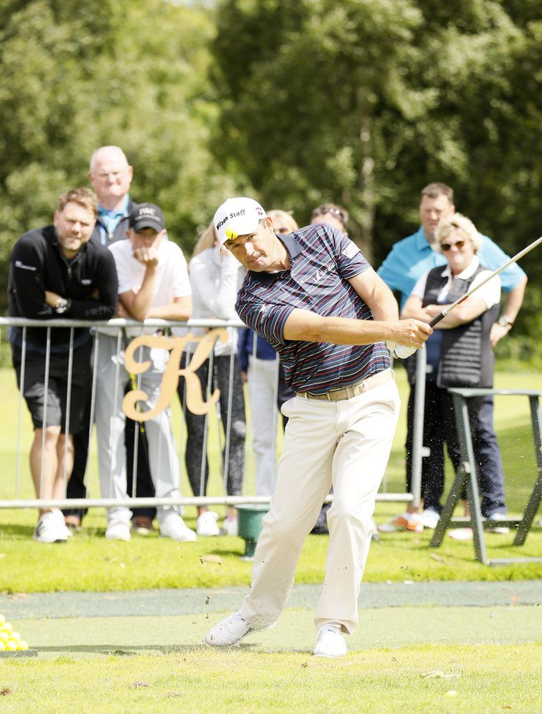 Padraig Harrington watched by Brian McFadden and guests giving his golf clinic at the 2017 Marks & Spencer Ireland Marie Keating Foundation Celebrity Golf Classic which took place on the Palmer Course at the K Club. Photo by Kieran Harnett