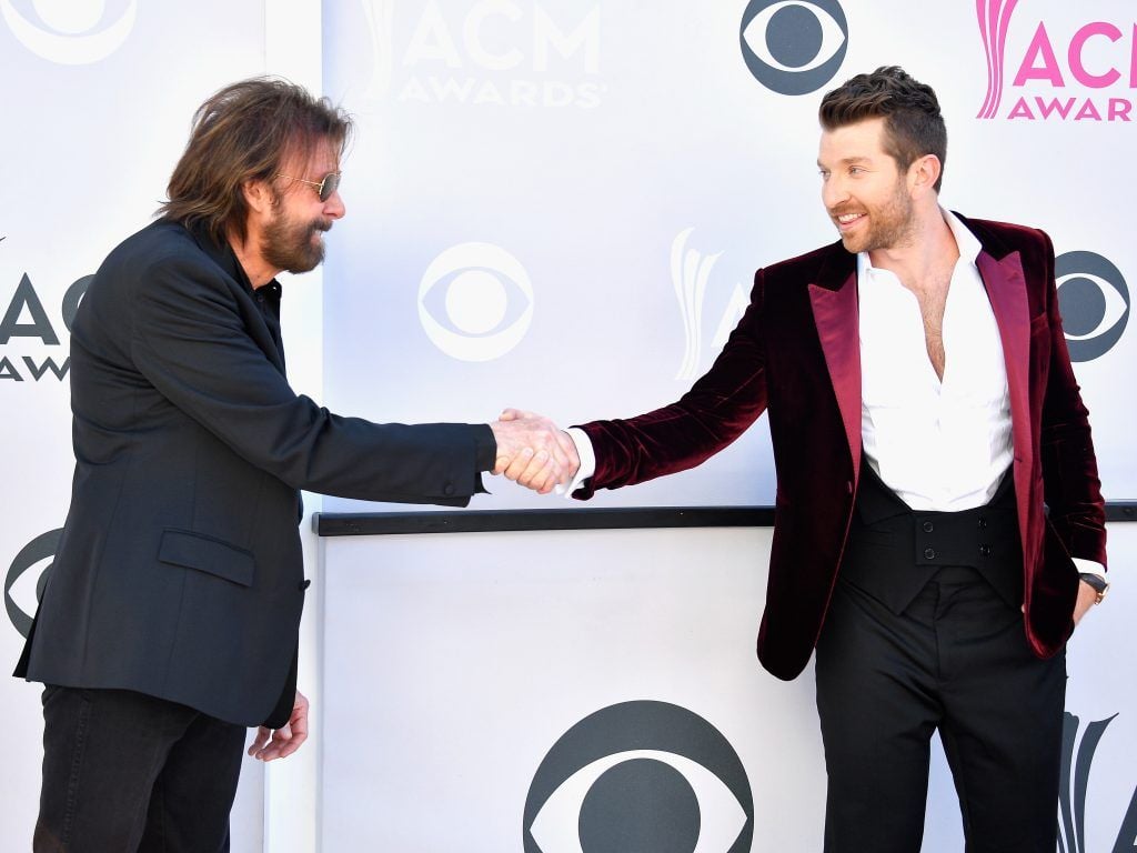 Singer-songwriters Ronnie Dunn of Brooks & Dunn (L) and Brett Eldredge attend the 52nd Academy Of Country Music Awards at Toshiba Plaza on April 2, 2017 in Las Vegas, Nevada.  (Photo by Frazer Harrison/Getty Images)