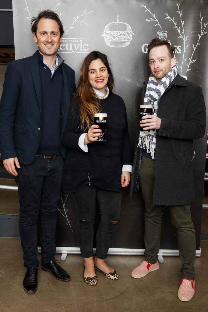 Tom Fisher, Jette Virdi and Anthony O'Toole pictured at an event in the Open Gate Brewery to celebrate the new partnership between multi award winning meat supplier, Kettyle Irish Foods and beer giant, Guinness, 04/04/17. Picture Andres Poveda