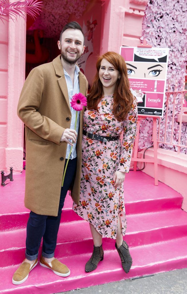 Paul Kinsella and Kate Kelly pictured at the launch of the Benefit Cosmetics Bold is Beautiful Charity Campaign with a pop up pink shop on South William Street Dublin. Proceeds go to the Look Good Feel Better and Daisy House Ireland charities. Picture Andres Poveda