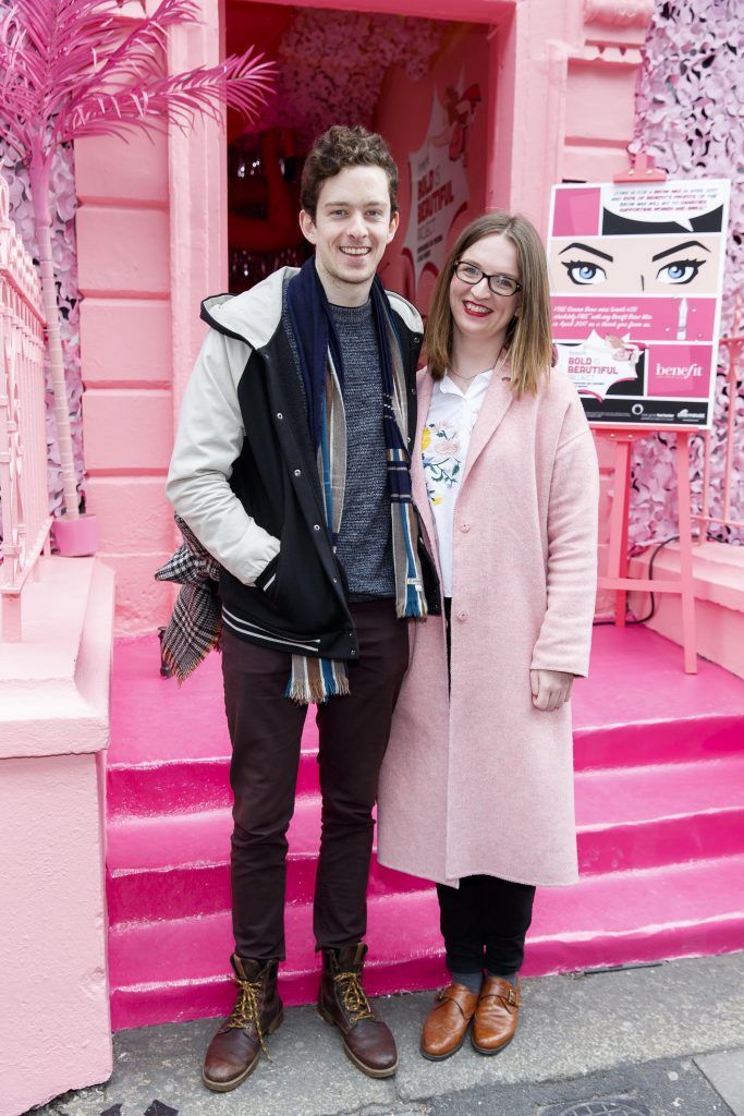 Mathew Malone and Ciara Flemming pictured at the launch of the Benefit Cosmetics Bold is Beautiful Charity Campaign with a pop up pink shop on South William Street Dublin. Proceeds go to the Look Good Feel Better and Daisy House Ireland charities. Picture Andres Poveda