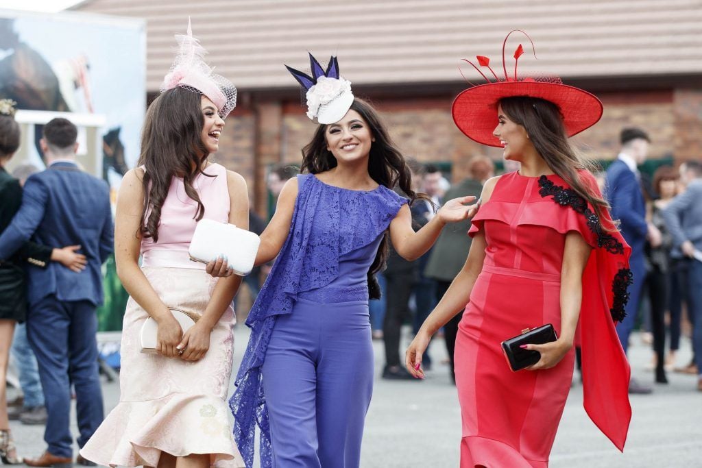 Chelsea and Kirsty Farrell with Caoimhe Traynor pictured at the Carton House Most Stylish Lady competition at the Irish Grand National Fairyhouse. Picture Andres Poveda