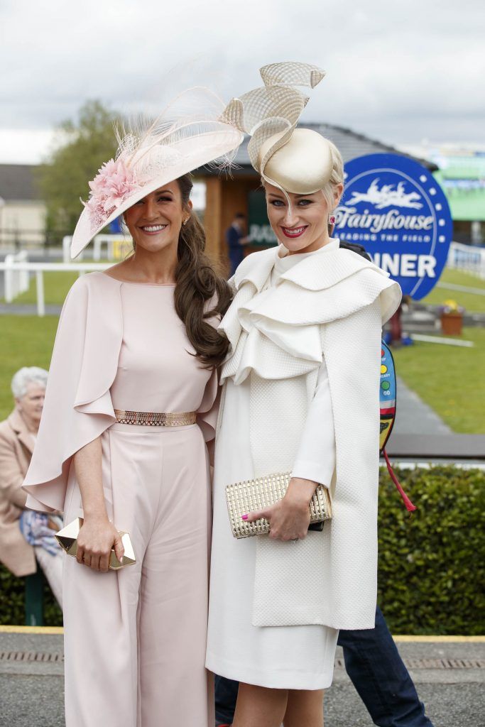 Rebecca-Rose Quigley from Clones Co Monaghan and Laura Hanlon from Roscommon pictured at the Carton House Most Stylish Lady competition at the Irish Grand National Fairyhouse. Picture Andres Poveda