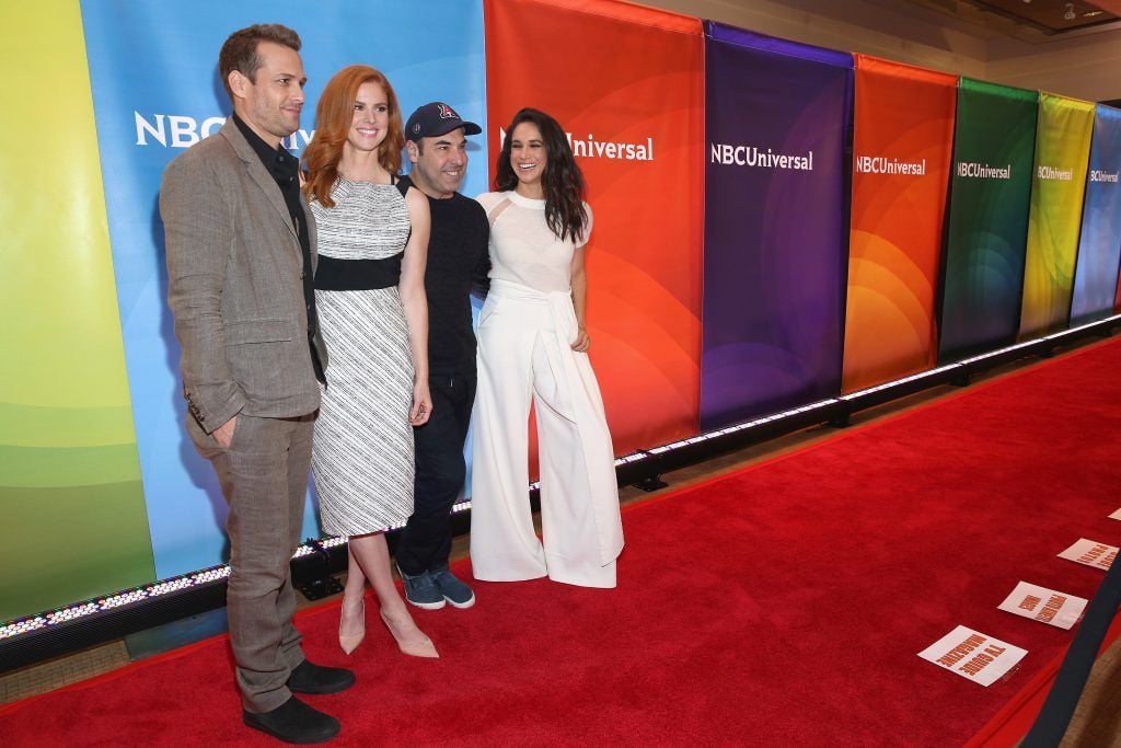 Gabriel Macht, Sarah Rafferty, Rick Hoffman and Meghan Markle attend the NBC's 2015 New York Summer Press Day at Four Seasons Hotel New York on June 24, 2015 in New York City.  (Photo by Robin Marchant/Getty Images)