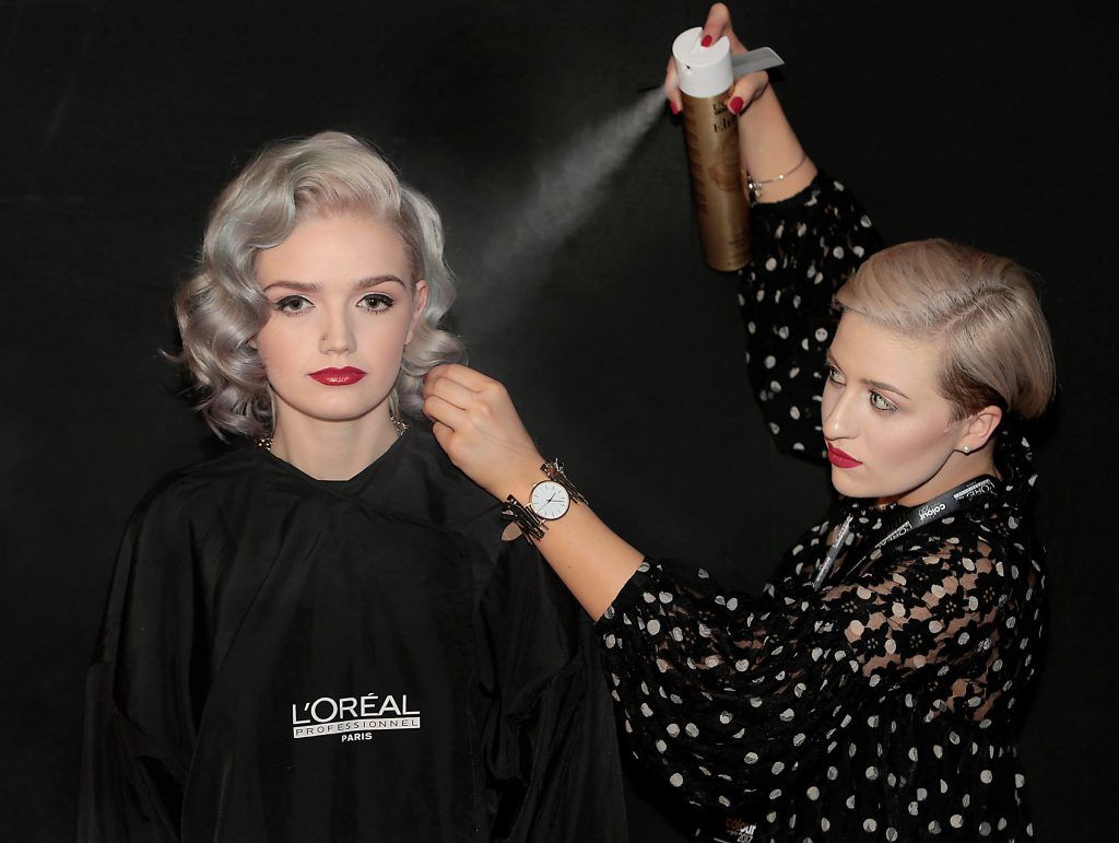 Anna O Hanlon from Hession Hairdressers in Drumondra with Model Ellen Keyes from Raheny, Dublin as they joined hairdressers from salons all over the country at the L'Oreal Colour Trophy 2017 Semi Final event in the O'Reilly Hall, UCD, Dublin. Pic by Brian McEvoy