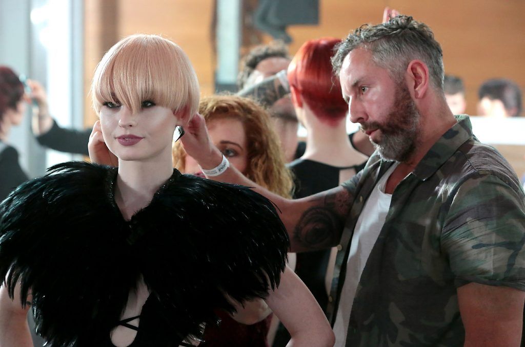 Feargal O Connor from Origin Hairdressers in Cork City puts the finishing touches to Model Sophia Murphy as they joined hairdressers from salons all over the country at the L'Oreal Colour Trophy 2017 Semi Final event in the O'Reilly Hall, UCD, Dublin. Pic by Brian McEvoy