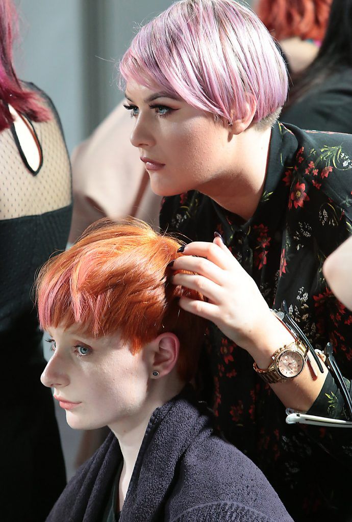 Stylist Ellie McGrath from The Edge Hair Design, Emmet Place Cork puts the finishing touches to Model Anna McKay as they joined hairdressers from salons all over the country at the L'Oreal Colour Trophy 2017 Semi Final event in the O'Reilly Hall, UCD, Dublin. Pic by Brian McEvoy