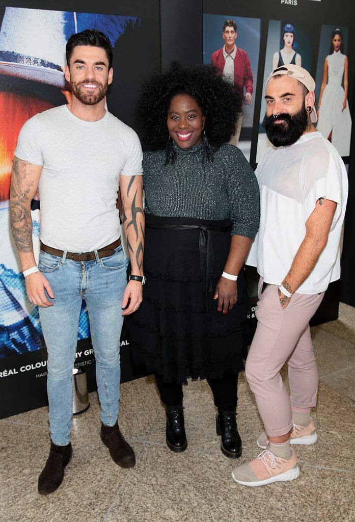 Gerard McLoughlan, Nadine Reid and Lee Stinton at the L'Oreal Colour Trophy 2017 Semi Final event in the O'Reilly Hall, UCD, Dublin. Pic by Brian McEvoy