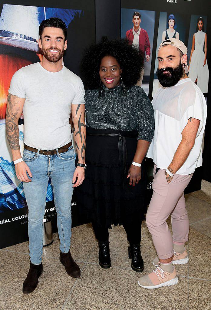 Gerard McLoughlan, Nadine Reid and Lee Stinton at the L'Oreal Colour Trophy 2017 Semi Final event in the O'Reilly Hall, UCD, Dublin. Pic by Brian McEvoy