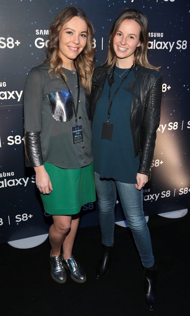 Emma Manley and Aine Lucas pictured at the launch event for the new Samsung Galaxy S8 and S8+ at the RHK, Dublin. Pic: Brian McEvoy