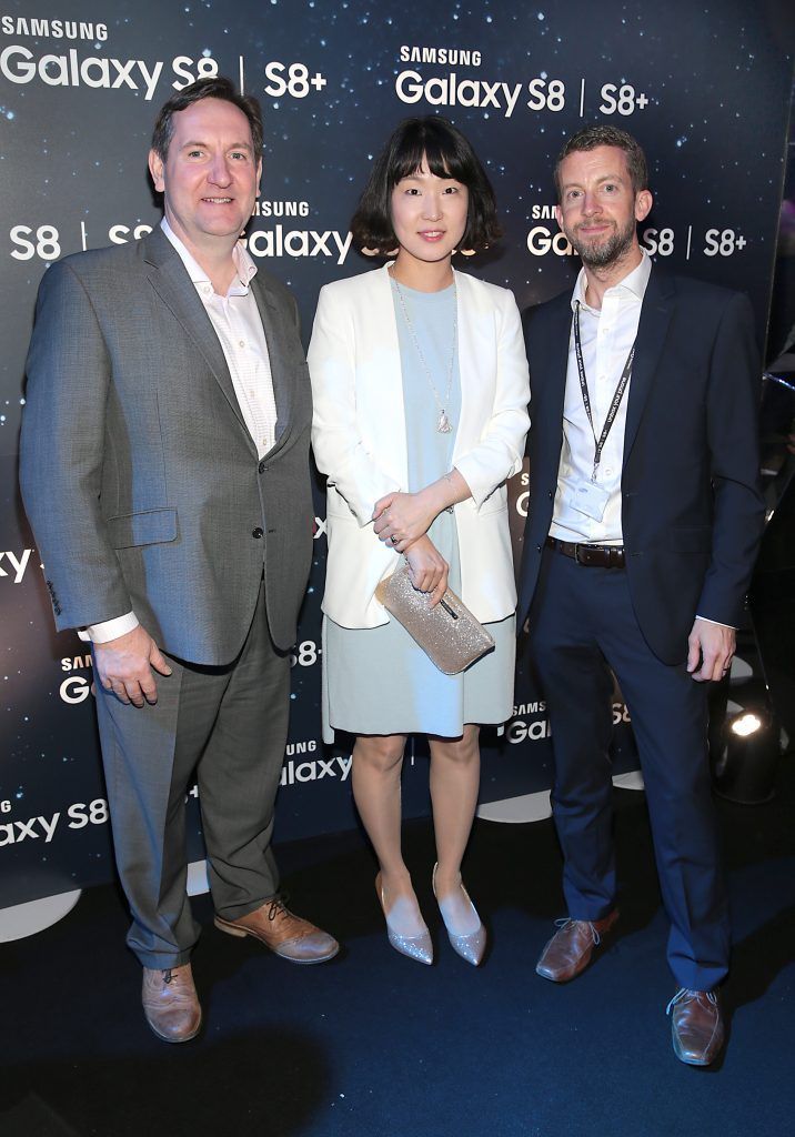 Dermot Siney, Hyangsook Lee and Paula Toland  pictured at the launch event for the new Samsung Galaxy S8 and S8+ at the RHK, Dublin. Pic: Brian McEvoy