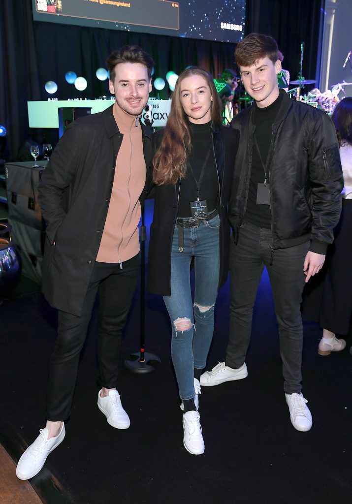 Brian Conway, Odette Devereux and Aaron Hurley pictured at the launch event for the new Samsung Galaxy S8 and S8+ at the RHK, Dublin. Pic: Brian McEvoy