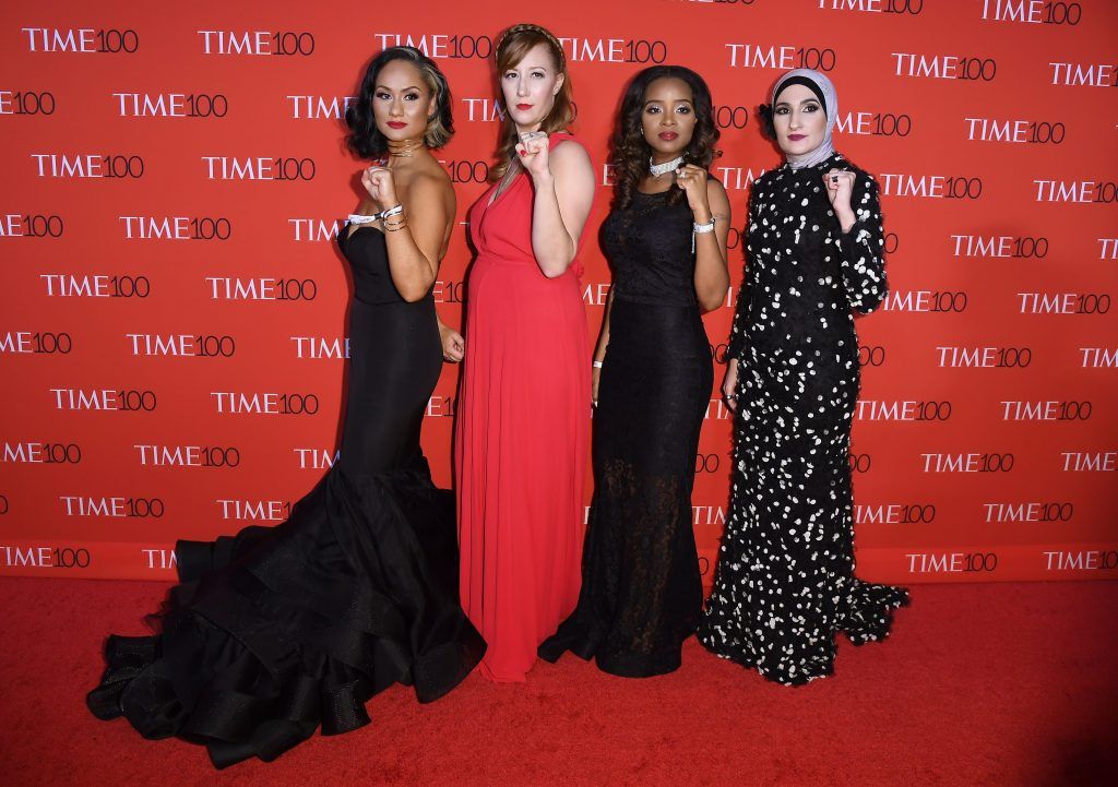 (L-R) Women's March National Co-Chairs Carmen Perez, Bob Bland, Tamika D. Mallory, and Linda Sarsour attend the 2017 Time 100 Gala at Jazz at Lincoln Center on April 25, 2017 in New York City. (Photo by ANGELA WEISS/AFP/Getty Images)