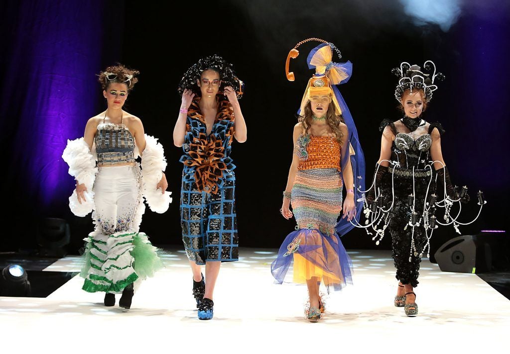 Students from schools across Ireland strutt their Kouture outfits fashioned from recycled materials on the catwalk during rehearsals at the Bank of Ireland Junk Kouture Final at The 3 Arena, Dublin. Pic by Brian McEvoy