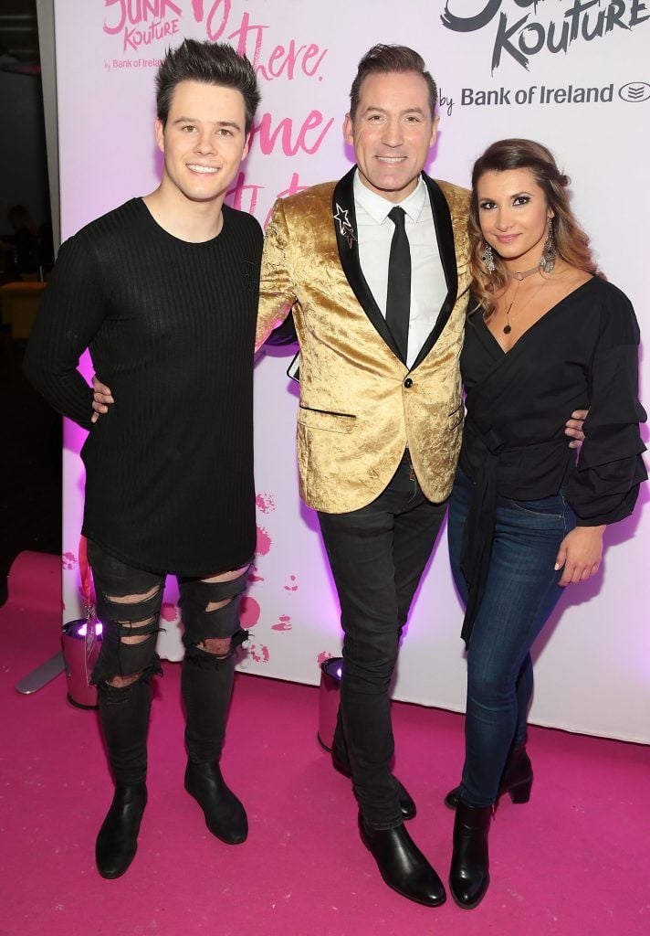 Dayl Cronin, Julian Benson and Ksenia Zsikhotska pictured at the Bank of Ireland Junk Kouture Final at The 3 Arena, Dublin. Pic by Brian McEvoy