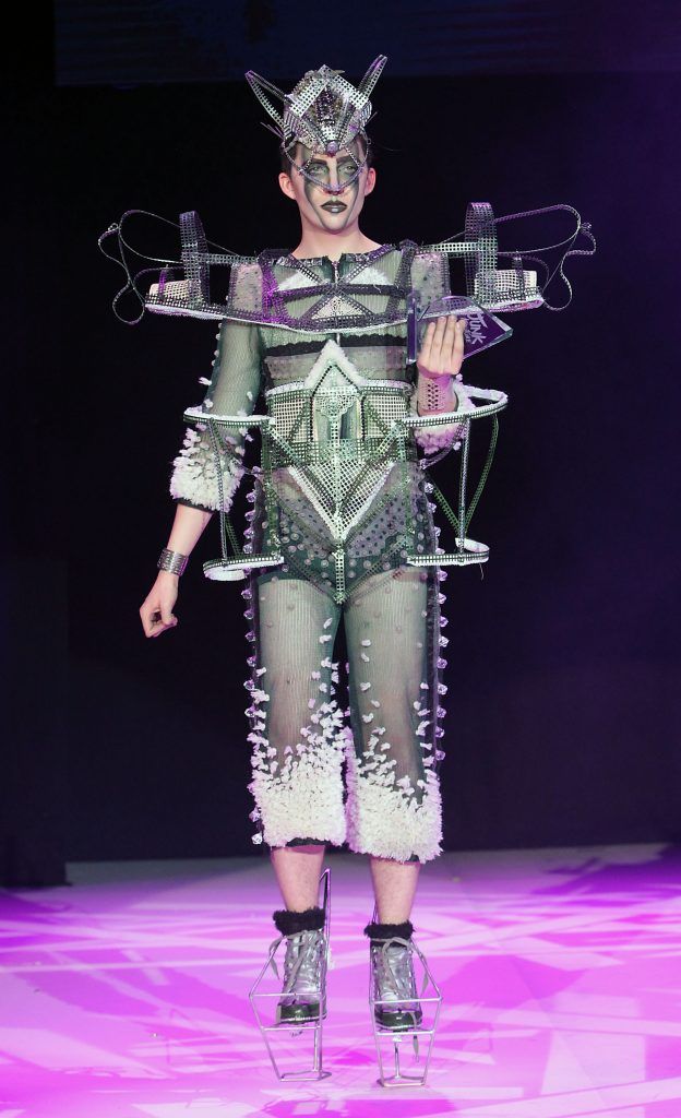 "Enigmatic" from Scoil Mhuire Secondary School, Buncrana, modelled and designed by Mariusz Malon wins Bank of Ireland's Junk Kouture at the 3 Arena, Dublin. Pic by Brian McEvoy