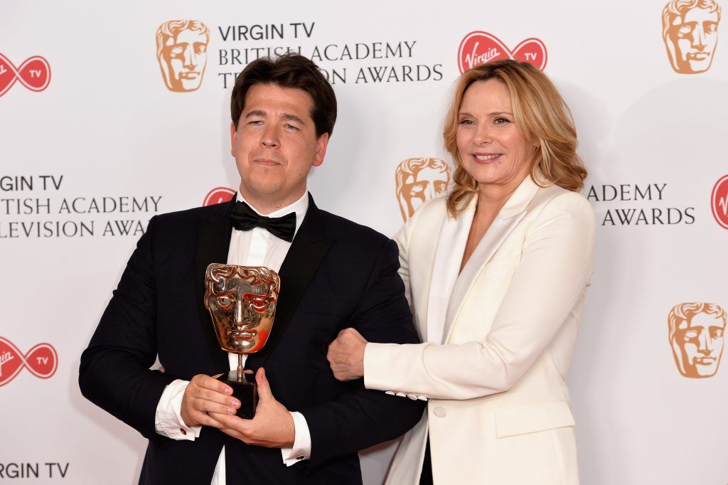 (L) Michael McIntyre and Kim Cattrall pose with the award for Entertainment Performance in the Winner's room at the Virgin TV BAFTA Television Awards at The Royal Festival Hall on May 14, 2017 in London, England.  (Photo by Jeff Spicer/Getty Images)