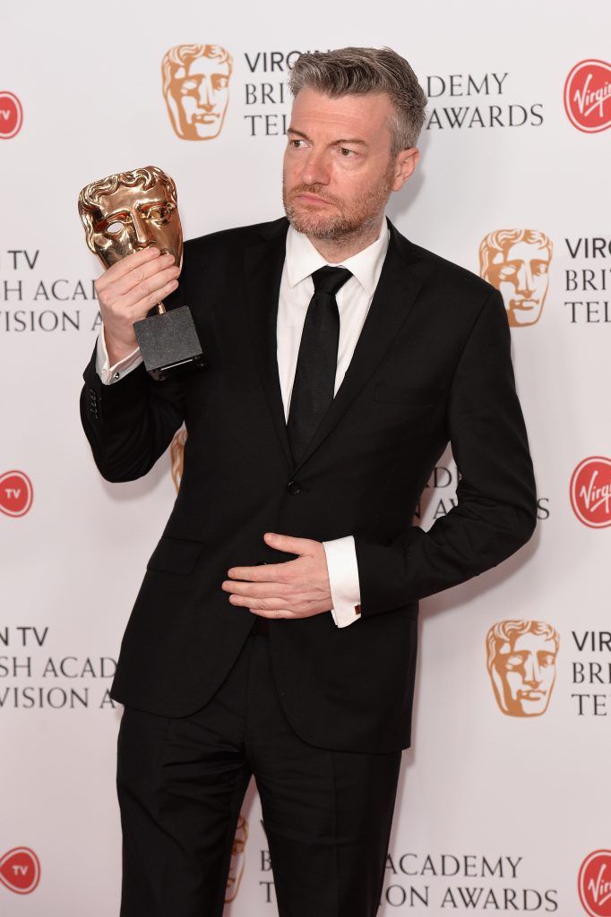 Charlie Brooker poses with the award for Comedy Entertainment Programme in the Winner's room at the Virgin TV BAFTA Television Awards at The Royal Festival Hall on May 14, 2017 in London, England.  (Photo by Jeff Spicer/Getty Images)