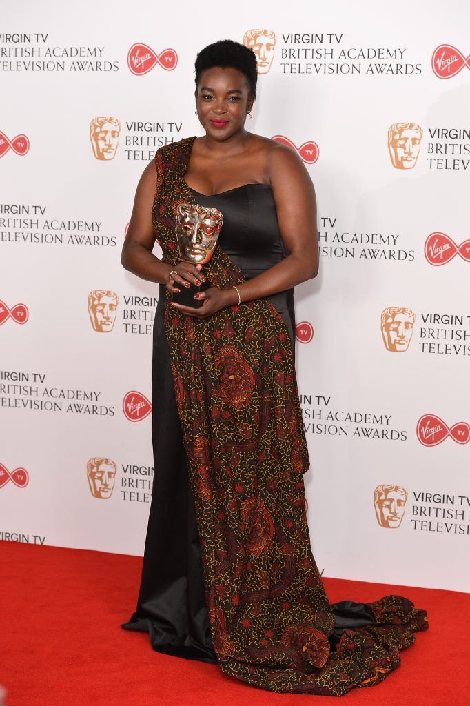 Wunmi Mosaku, winner of the Supporting Actress award for 'Damilola, Our Loved Boy', poses in the Winner's room  at the Virgin TV BAFTA Television Awards at The Royal Festival Hall on May 14, 2017 in London, England.  (Photo by Jeff Spicer/Getty Images)