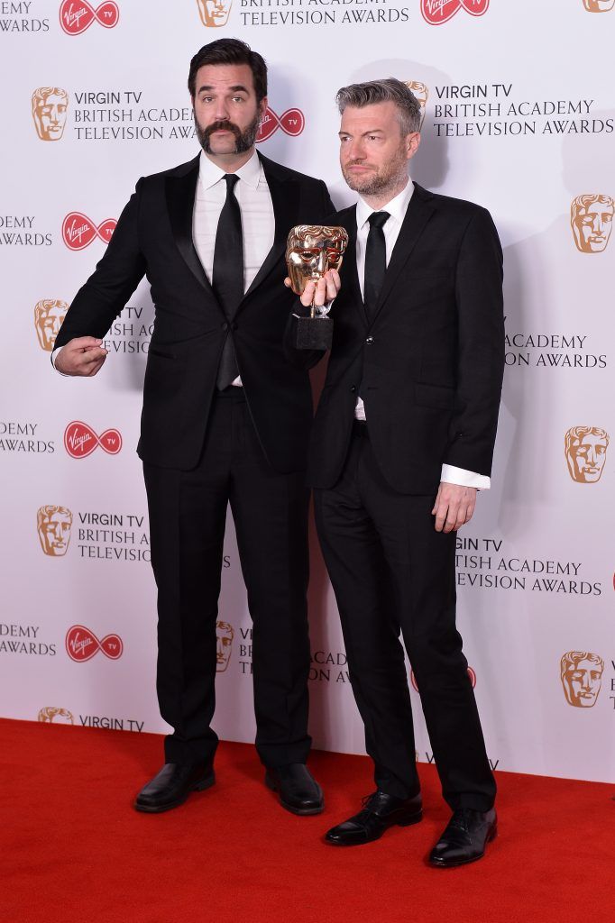 Rob Delaney and Charlie Brooker pose with the award for Comedy Entertainment Programme in the Winner's room at the Virgin TV BAFTA Television Awards at The Royal Festival Hall on May 14, 2017 in London, England.  (Photo by Jeff Spicer/Getty Images)