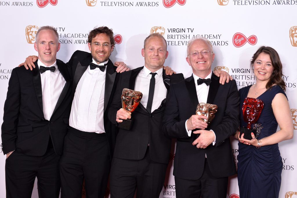 Justin Anderson, Fredi Devas, Tom Hugh-Jones, Mike Gunton and Elizabeth White, winners of the Virgin TV Must-See Moment for 'Planet Earth II, Snakes vs Iguanas', pose in the Winner's room at the Virgin TV BAFTA Television Awards at The Royal Festival Hall on May 14, 2017 in London, England.  (Photo by Jeff Spicer/Getty Images)