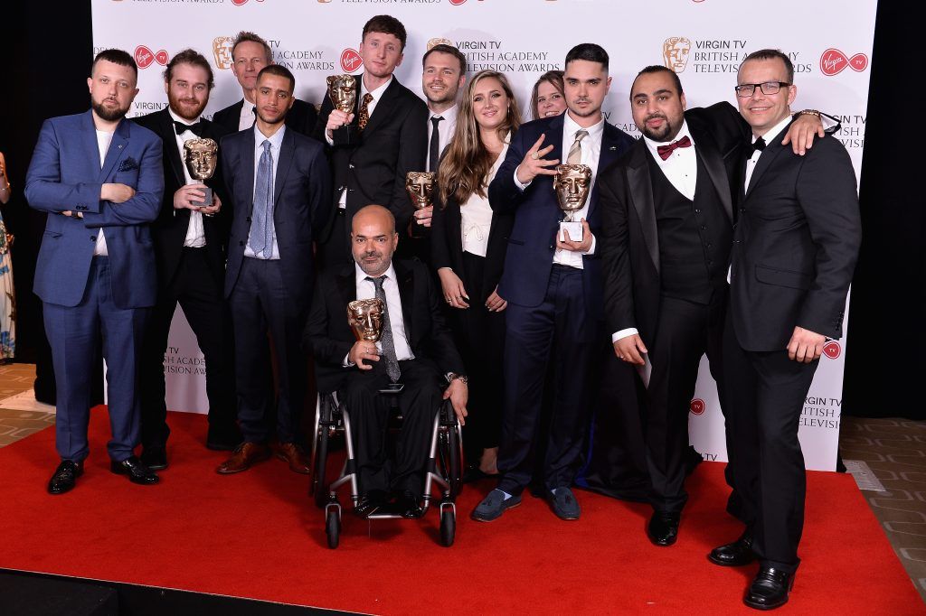 Asim Chaudhry (2R) and the cast and crew of 'People Just Do Nothing', winner of the Scripted Comedy award, pose in the Winner's room at the Virgin TV BAFTA Television Awards at The Royal Festival Hall on May 14, 2017 in London, England.  (Photo by Jeff Spicer/Getty Images)